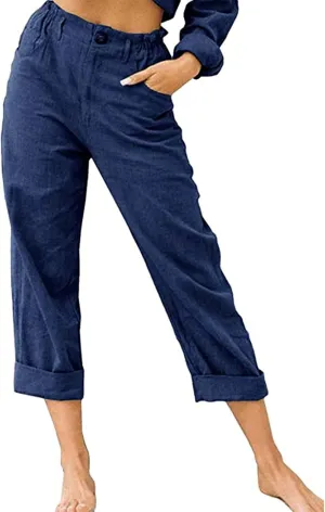 Peasant Pants for Women Summer Beach Cotton Linen Capris 3/4 Sweatpants Yoga Pant Elastic Waist Cropped Lounge Slacks