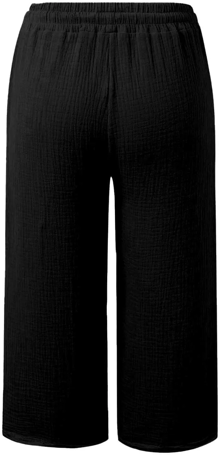 Petite Linen Pants for Women 2025 Elastic Waist Wide Leg Capri Pants Summer Drawstring Baggy Beach Capris Shorts
