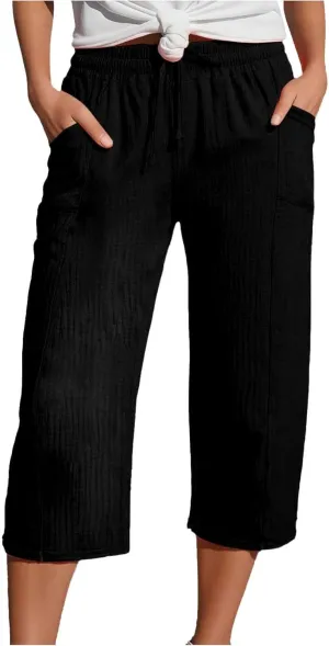 Petite Linen Pants for Women 2025 Elastic Waist Wide Leg Capri Pants Summer Drawstring Baggy Beach Capris Shorts