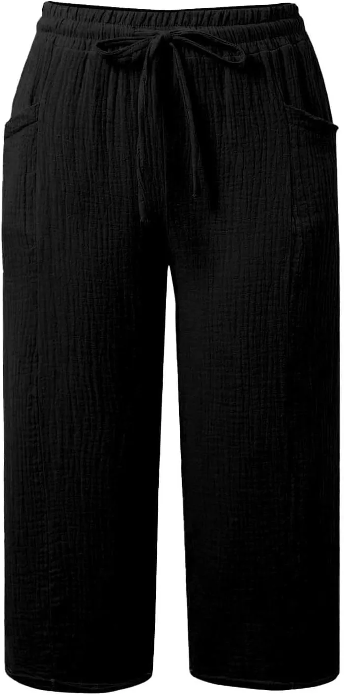 Petite Linen Pants for Women 2025 Elastic Waist Wide Leg Capri Pants Summer Drawstring Baggy Beach Capris Shorts