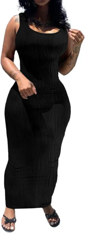 PINSV Women's Scoop Neck Bodycon Maxi Dress Stretchy Sleeveless Summer Tank Dress Sexy Party Club Beach Sundress