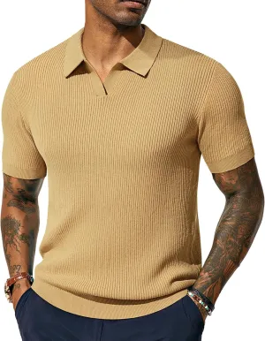PJ PAUL JONES Mens Polo Shirts Short Sleeve Casual V Neck Ribbed Textured Knit Polo Shirt