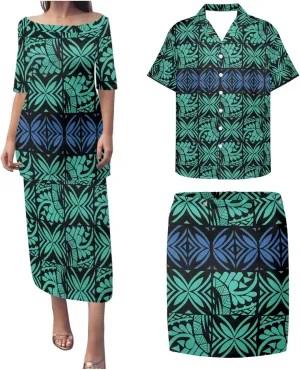 Plus Size Couple Outfit Sets Polynesian Tapa Puletasi Samoan Women Dress and Men Shirts Lavalava Couple Sets