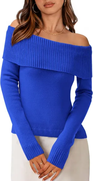 PRETTYGARDEN Women's Fall Off Shoulder Sweaters Y2K Long Sleeve Ribbed Knit Fitted Pullover Winter Date Night Tops Blouse