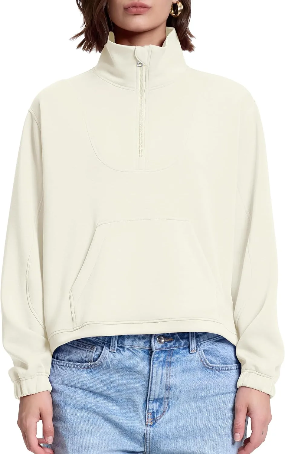 PrettyGuide Womens Scuba Cropped Half Zip Sweatshirt Pullover Stand Collar Ribbed Quarter Zip Hoodies with Pocket