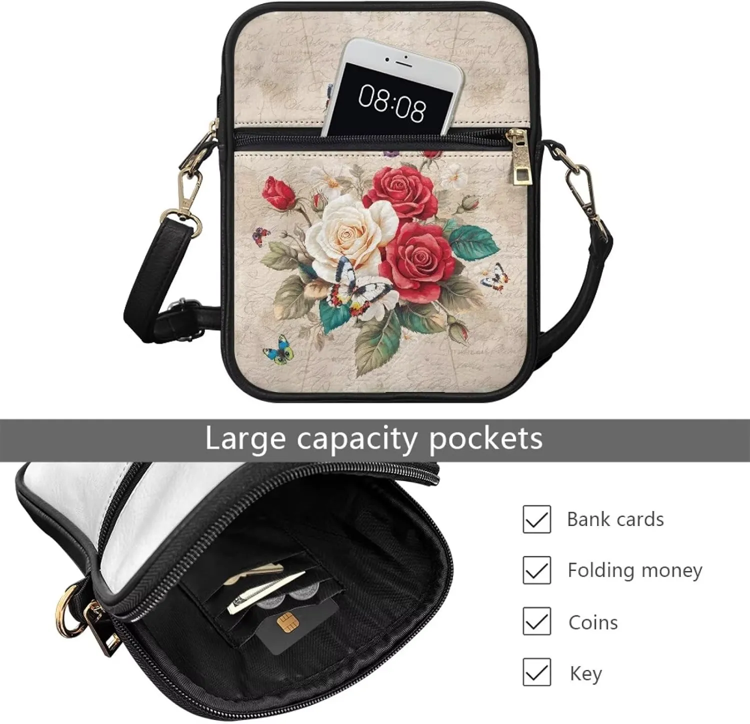 PU Crossbody Bag for Women Men Portable Cell Phone Purse Shoulder Bag with Zipper Closure for Outdoor Shopping