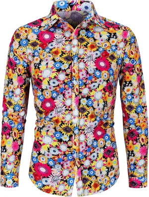 QZH.DUAO Mens 70s Disco Linen Shirts Casual Paisley Tops Floral Vintage Long Sleeve Shirt