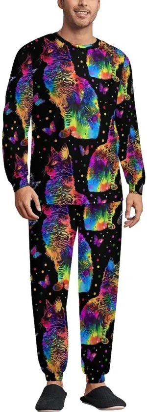 Rainbow Tie Dyed Cat Men's Pajama Set Casual Sleepwear Pjs Set Crewneck Shirts And Bottoms Comfy Loungewear