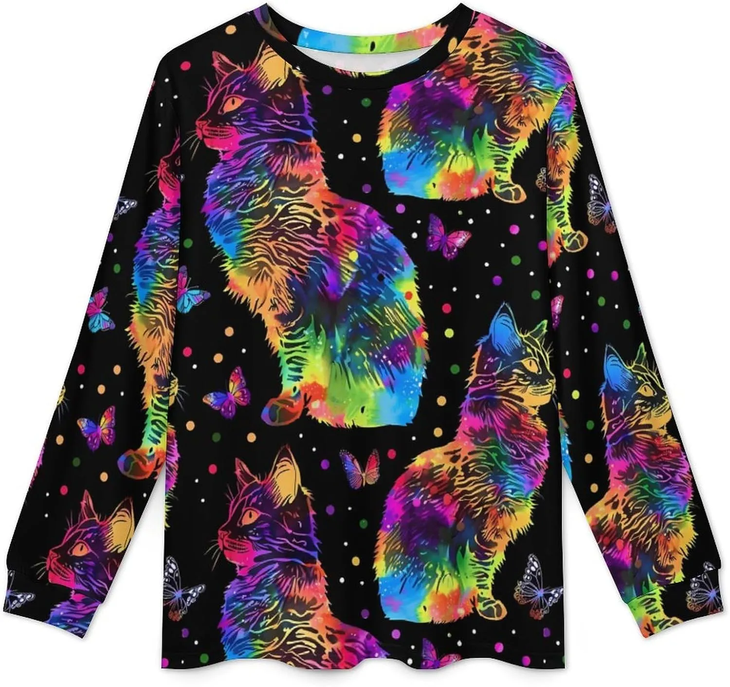 Rainbow Tie Dyed Cat Men's Pajama Set Casual Sleepwear Pjs Set Crewneck Shirts And Bottoms Comfy Loungewear