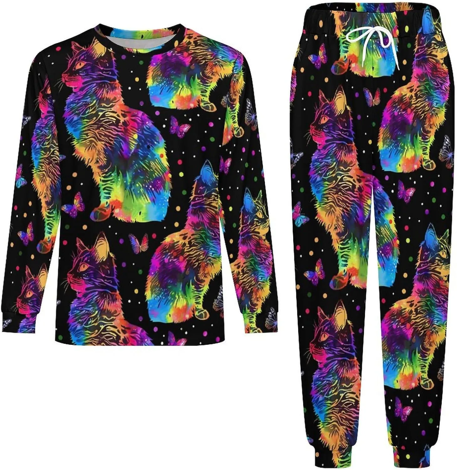 Rainbow Tie Dyed Cat Men's Pajama Set Casual Sleepwear Pjs Set Crewneck Shirts And Bottoms Comfy Loungewear