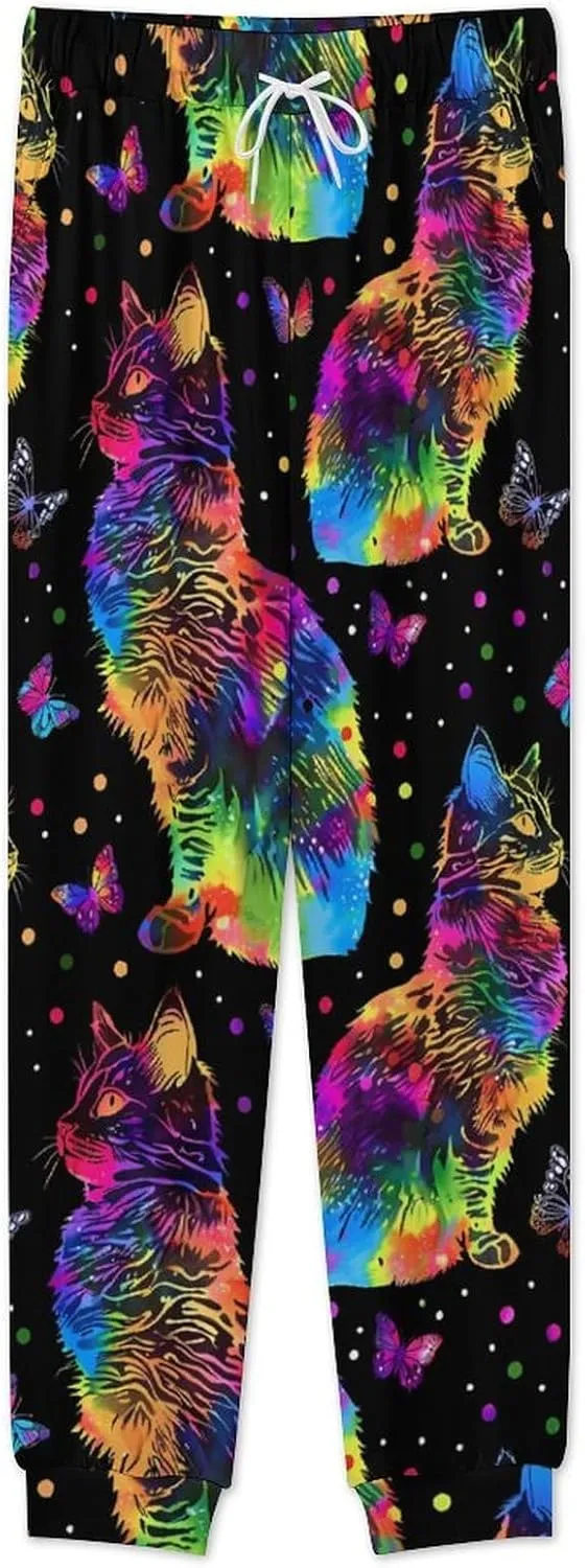 Rainbow Tie Dyed Cat Men's Pajama Set Casual Sleepwear Pjs Set Crewneck Shirts And Bottoms Comfy Loungewear