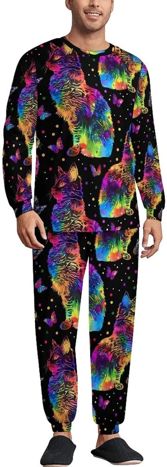 Rainbow Tie Dyed Cat Men's Pajama Set Casual Sleepwear Pjs Set Crewneck Shirts And Bottoms Comfy Loungewear