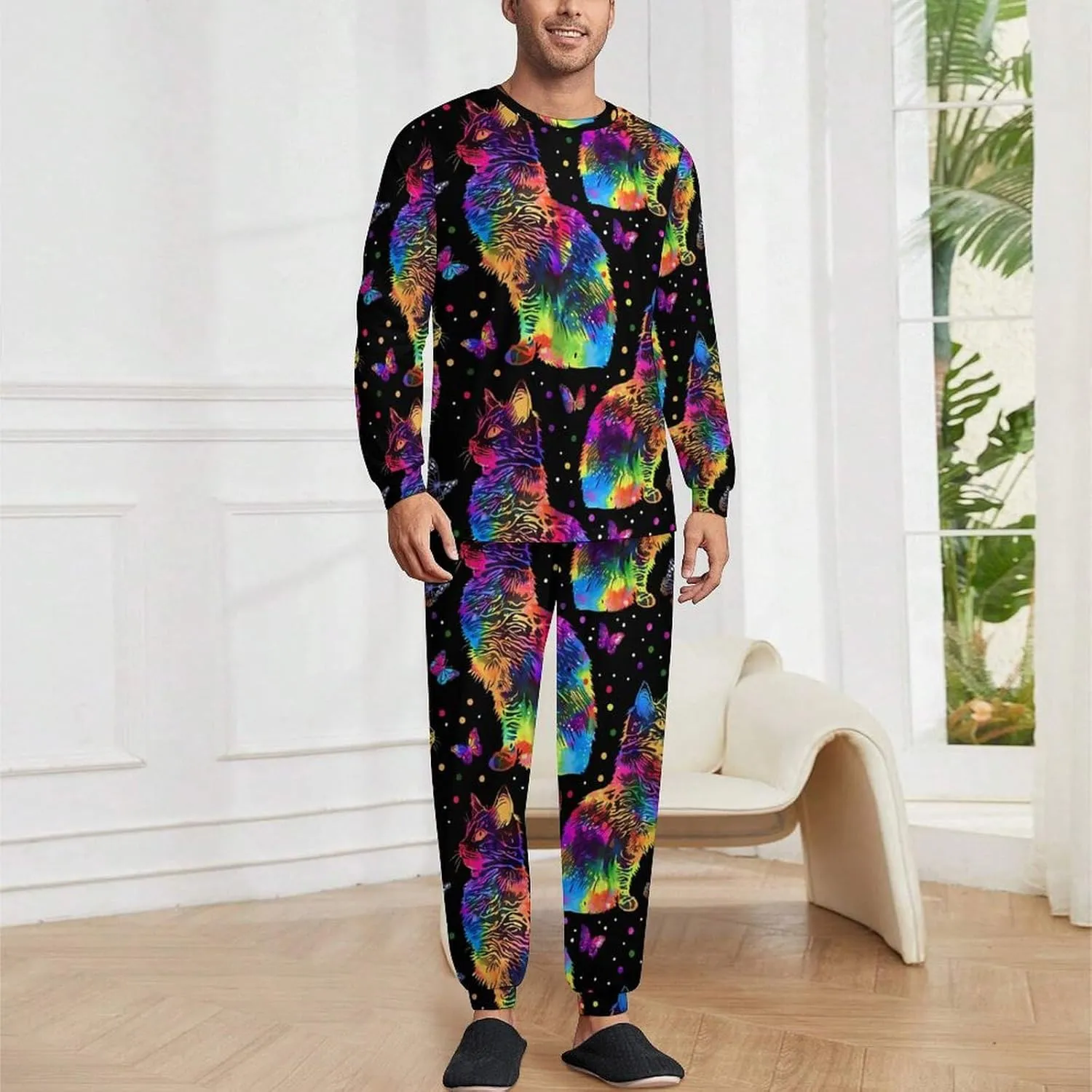 Rainbow Tie Dyed Cat Men's Pajama Set Casual Sleepwear Pjs Set Crewneck Shirts And Bottoms Comfy Loungewear