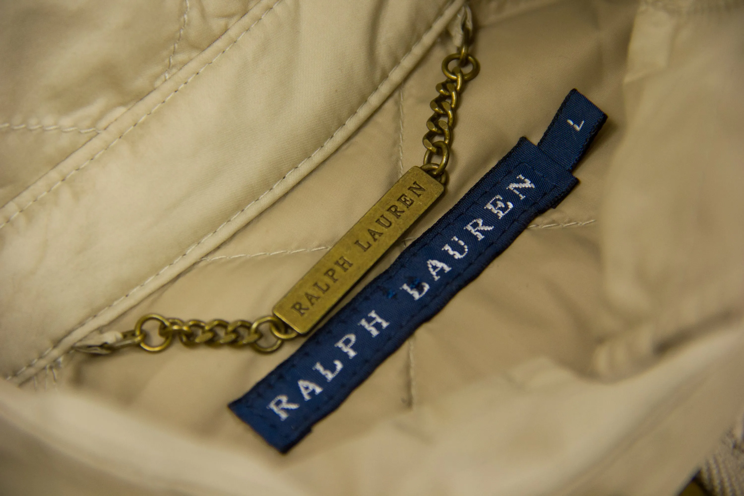 RALPH LAUREN Down Insulated Beige Classic Quilted Jacket, SIZE L