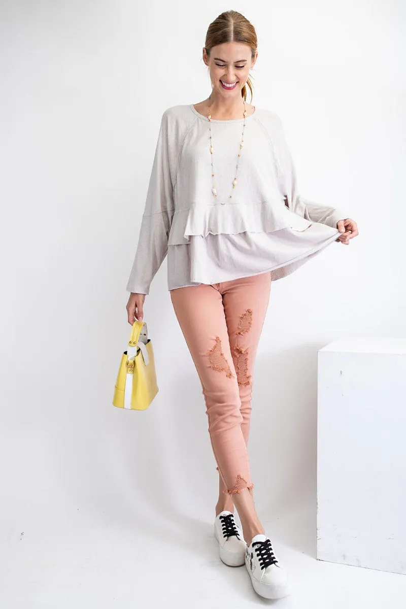 Relaxed Dolman Sleeve Lace Detailed Tiered Ruffle Tunic Top
