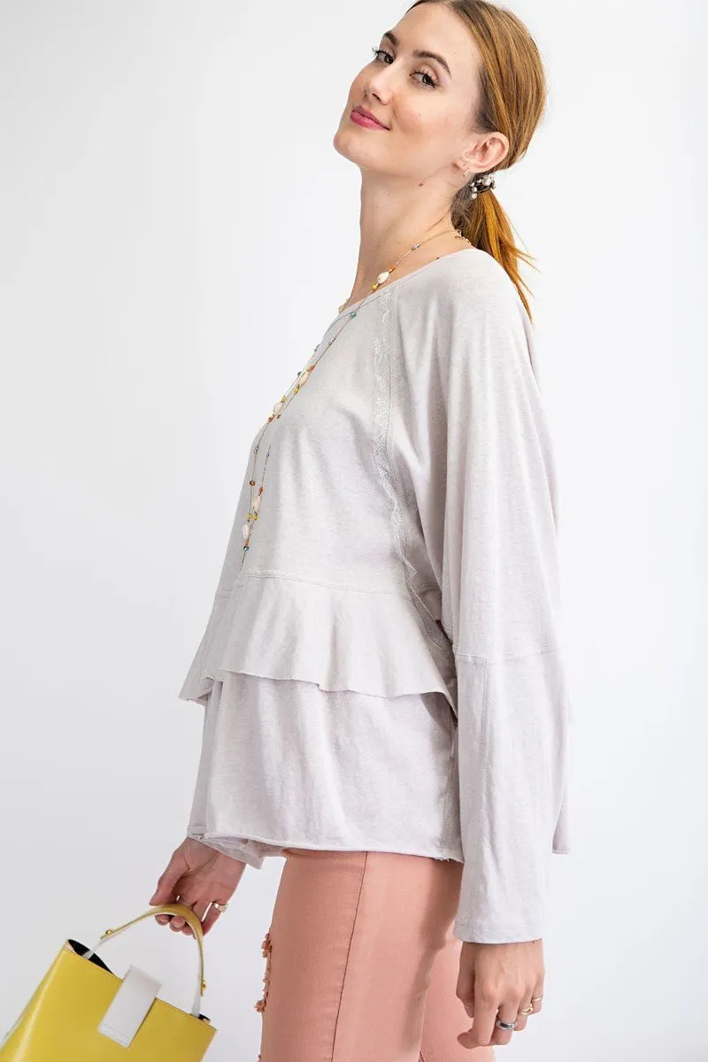 Relaxed Dolman Sleeve Lace Detailed Tiered Ruffle Tunic Top