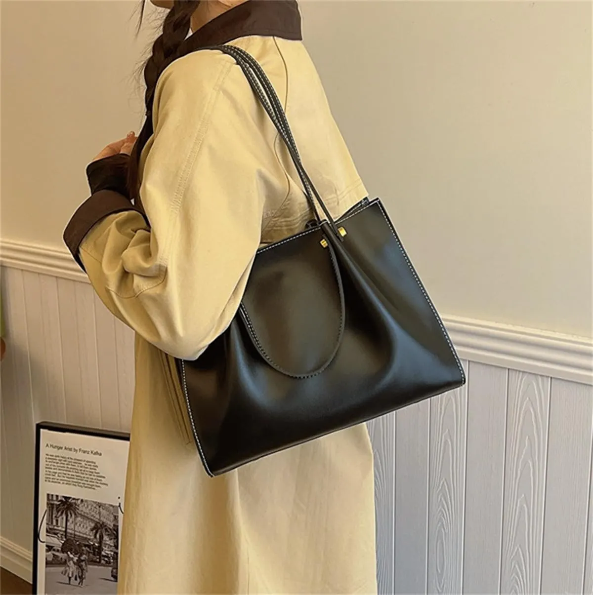 Retro Large Capacity Slouchy Work Tote Bag with Zipper,Fashion PU Satchel Handbag,Women's Soft Leather Shoulder Travel Purse