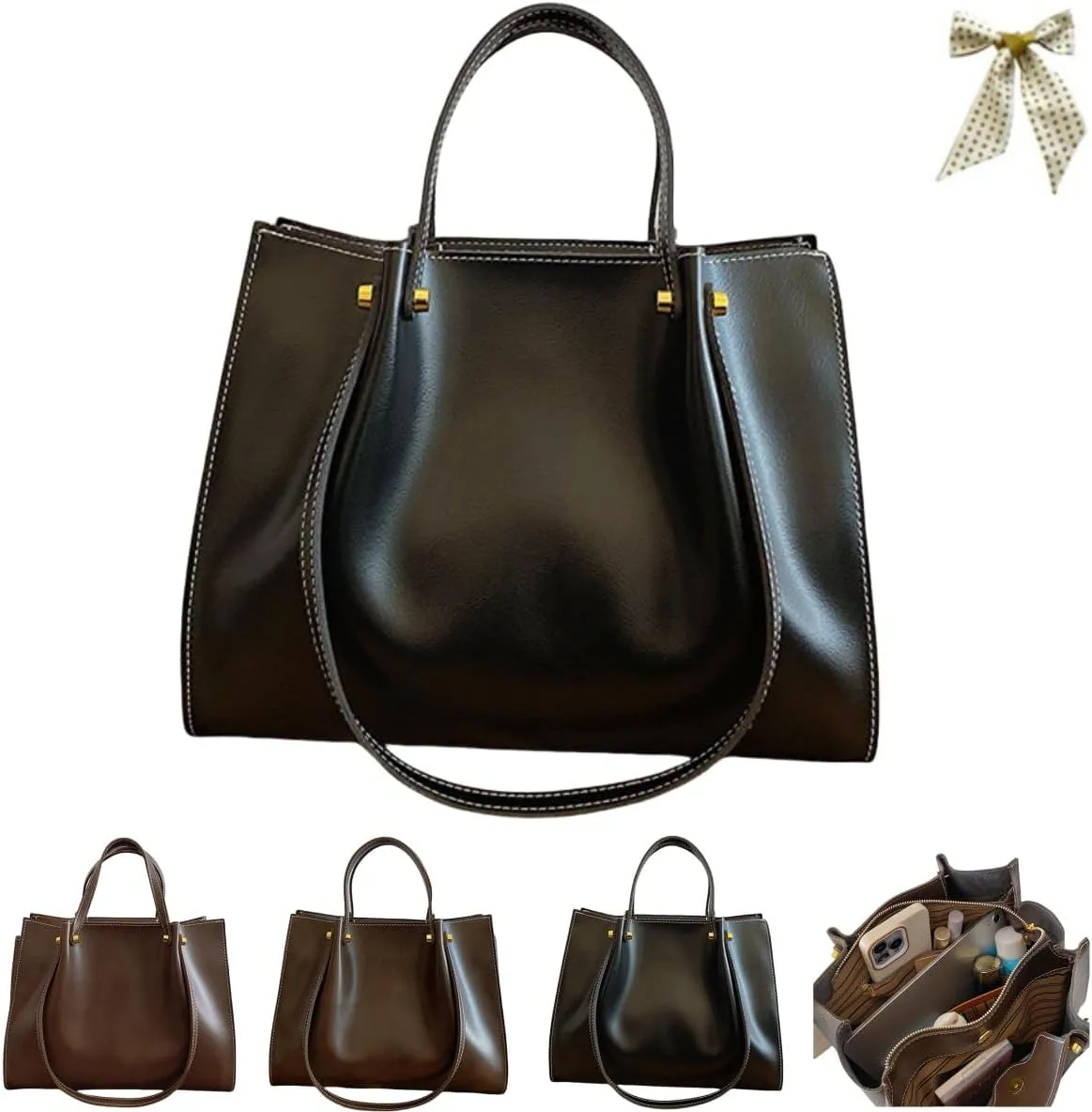 Retro Large Capacity Slouchy Work Tote Bag with Zipper,Fashion PU Satchel Handbag,Women's Soft Leather Shoulder Travel Purse