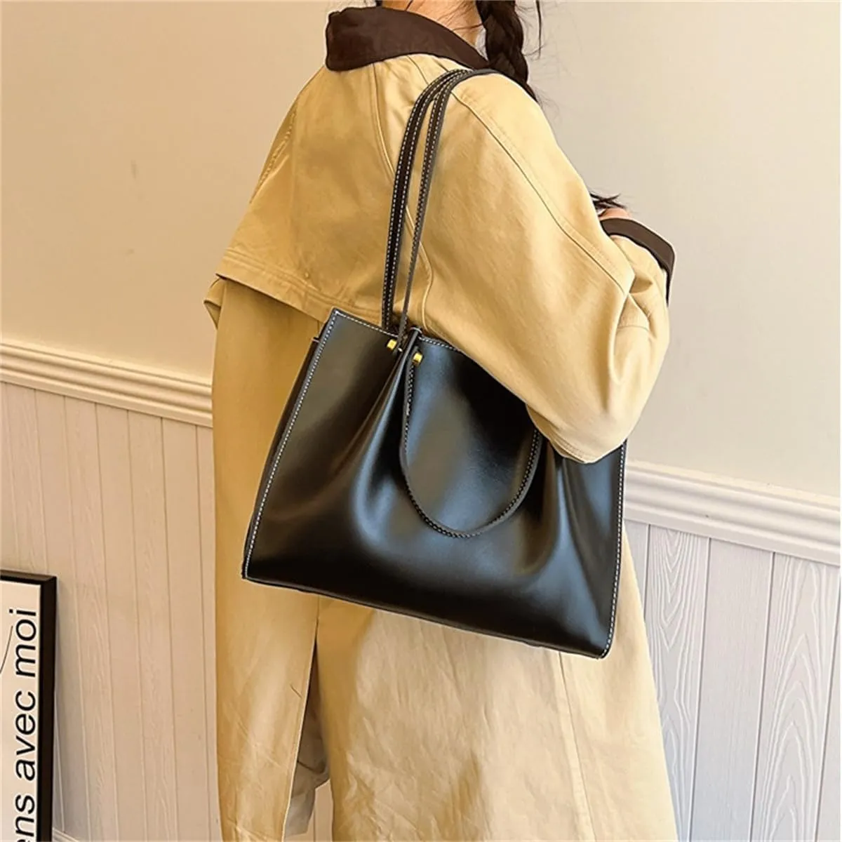 Retro Large Capacity Slouchy Work Tote Bag with Zipper,Fashion PU Satchel Handbag,Women's Soft Leather Shoulder Travel Purse