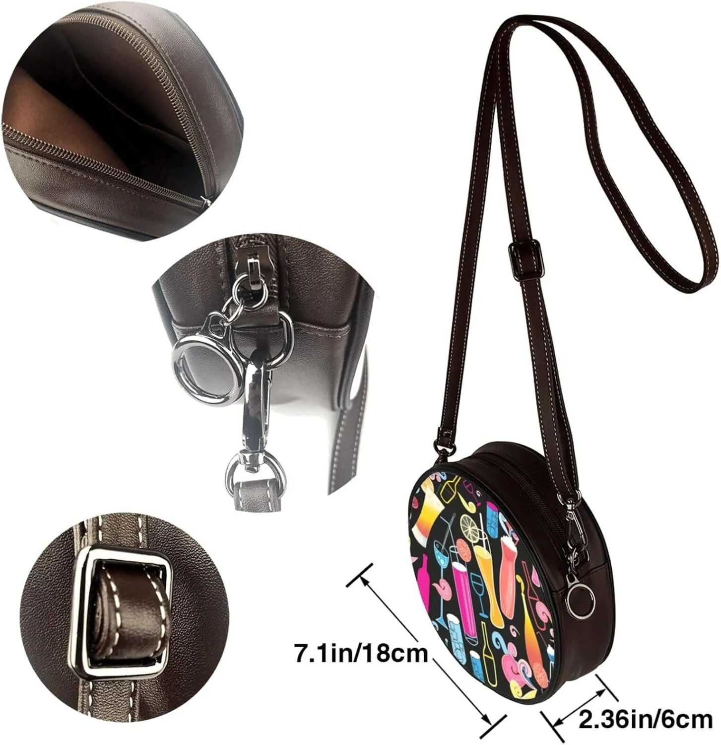 Round Crossbody Bag Small Circle Purse Zip Handbag for Women