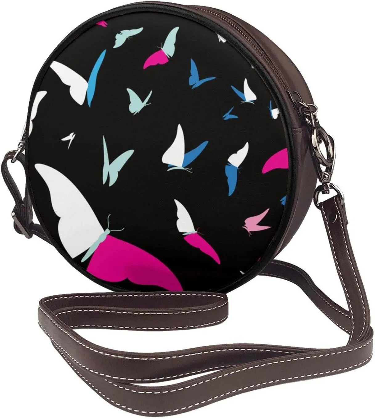 Round Crossbody Bags for Women, Faux Leather Circle Purse Zipper Small Shoulder Bag with Adjustable Straps
