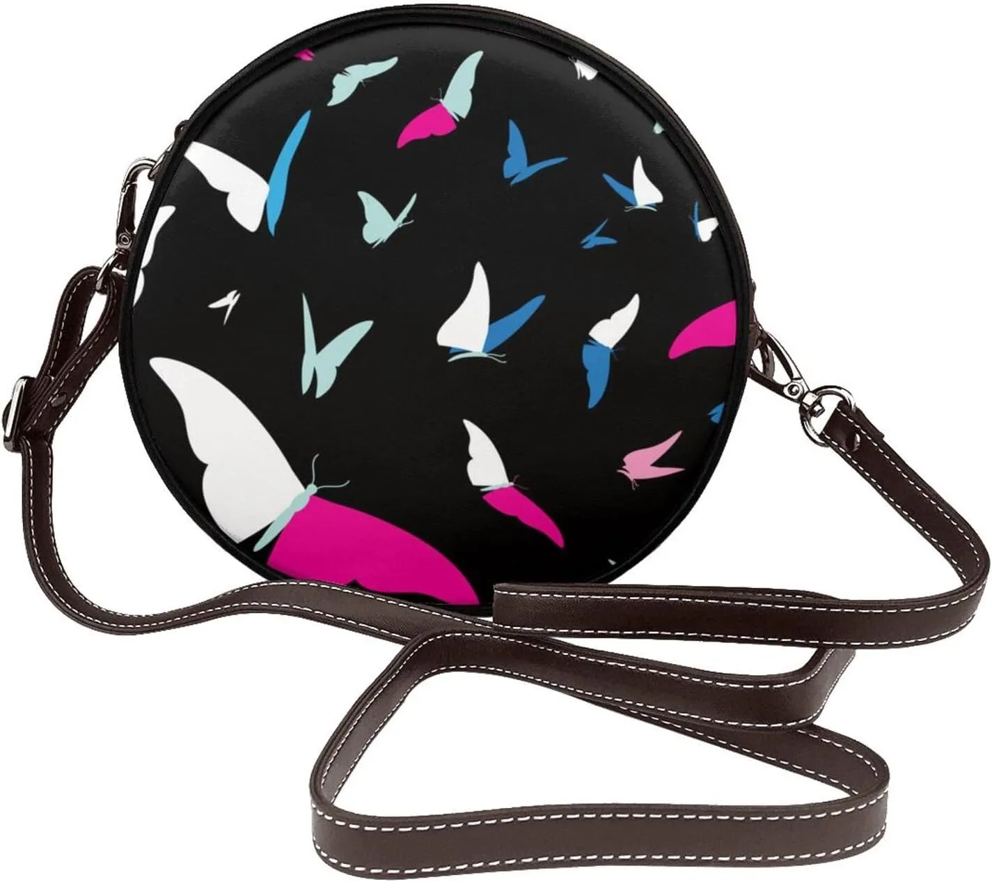 Round Crossbody Bags for Women, Faux Leather Circle Purse Zipper Small Shoulder Bag with Adjustable Straps