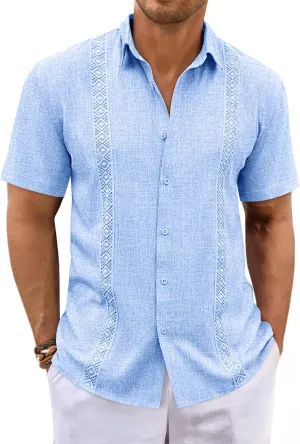 Runcati Mens Guayabera Shirts Button Down Cuban Casual Short Sleeve Shirt Summer Linen Beach Mexican Wedding Tops