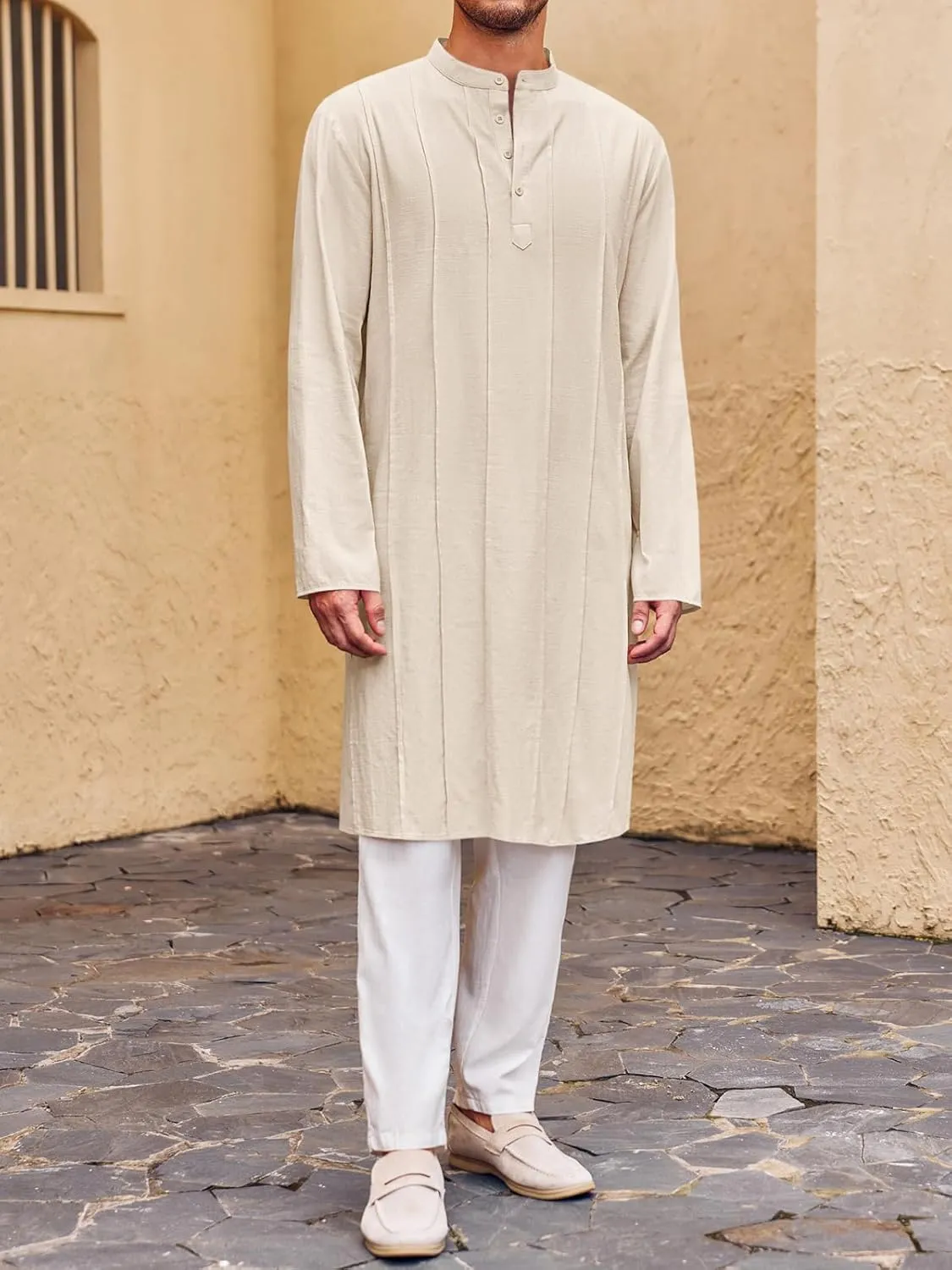 Runcati Mens Kaftan Thobe Button Down Henley Shirts Robe Long Sleeve Casual Cotton Pleated Muslim Gown Shirt