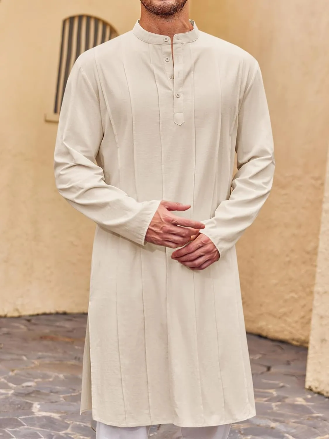 Runcati Mens Kaftan Thobe Button Down Henley Shirts Robe Long Sleeve Casual Cotton Pleated Muslim Gown Shirt