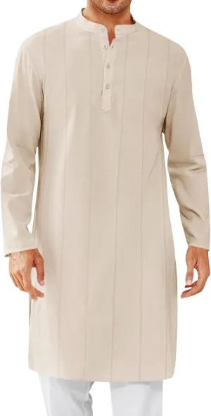 Runcati Mens Kaftan Thobe Button Down Henley Shirts Robe Long Sleeve Casual Cotton Pleated Muslim Gown Shirt