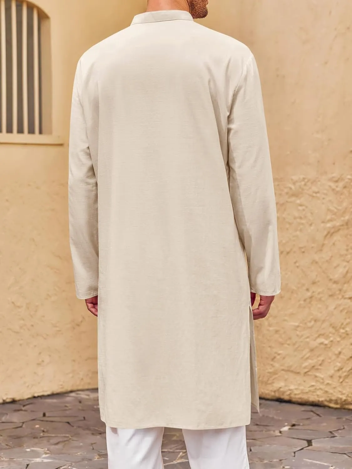Runcati Mens Kaftan Thobe Button Down Henley Shirts Robe Long Sleeve Casual Cotton Pleated Muslim Gown Shirt