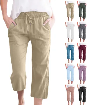 Same Day delivery Items Prime,Capri Pants for Women Casual Summer Cotton Linen Capris Drawstring Elastic High Waist Pants Wide Leg Cropped Trouser