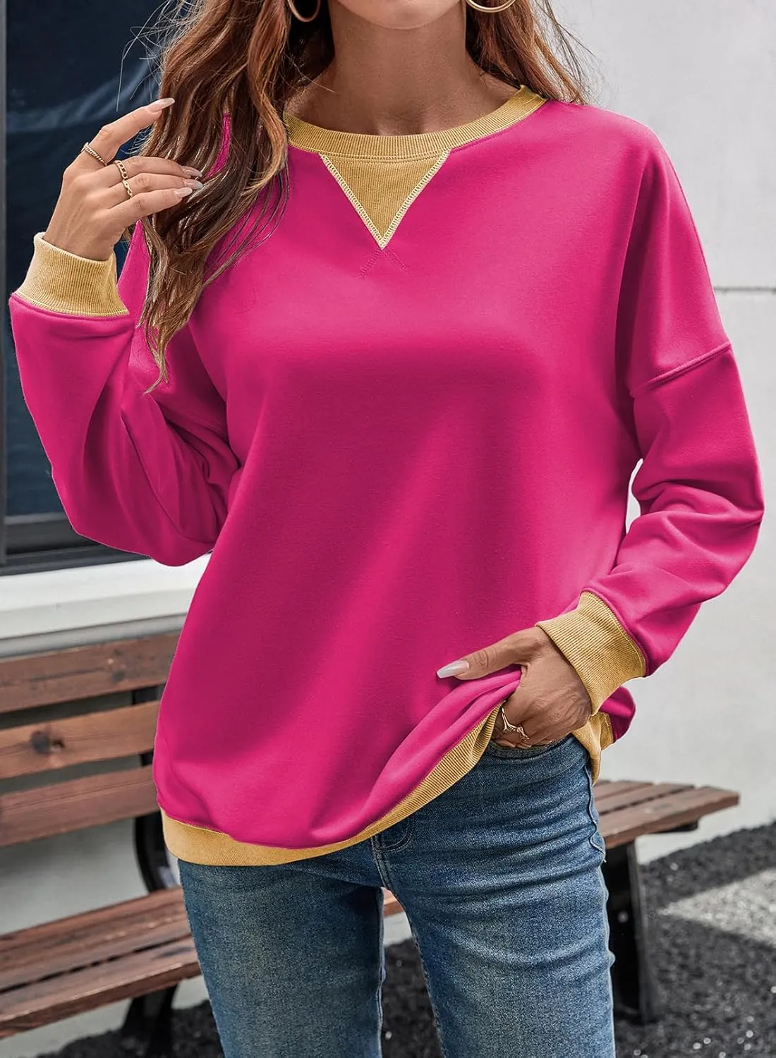 Samefar Women's Sweatshirts Oversized Color Block Crew Neck Long Sleeve Tops Casual Lightweight Pullover Shirts Y2K Clothes