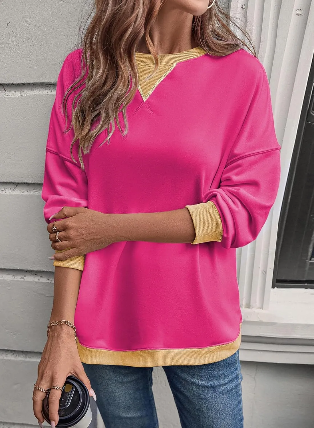 Samefar Women's Sweatshirts Oversized Color Block Crew Neck Long Sleeve Tops Casual Lightweight Pullover Shirts Y2K Clothes
