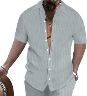 Short Sleeve Shirts Men Polo Striped Button Down Slim Fit Lapel Collar Jacquard Casual Summer Beach Tee Tops
