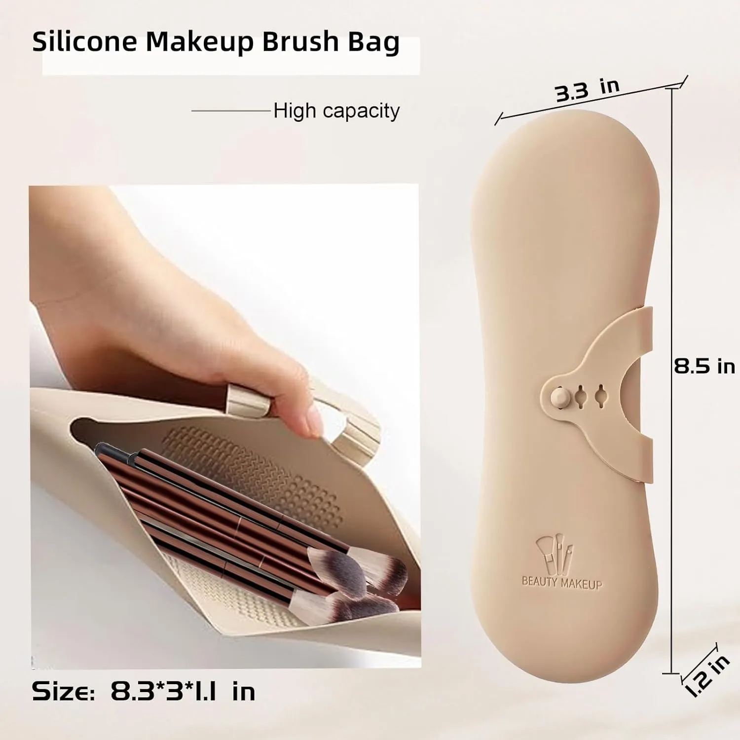 Silicone Travel Makeup Brush Holder, Essential Makeup Brush Bag for Women, Snap-on and Portable, Waterproof, Updated 3 Sizes Adjustable, Good Companion for Women's Travel and Daily Use