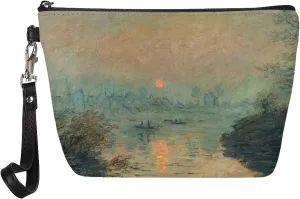 Small Makeup Bag Monet Sunset PU Leather Travel Make Up Organizer Bag Womens Cosmetic Bag Makeup Brush Organizer Zipper Pouch Great Gifts Orange