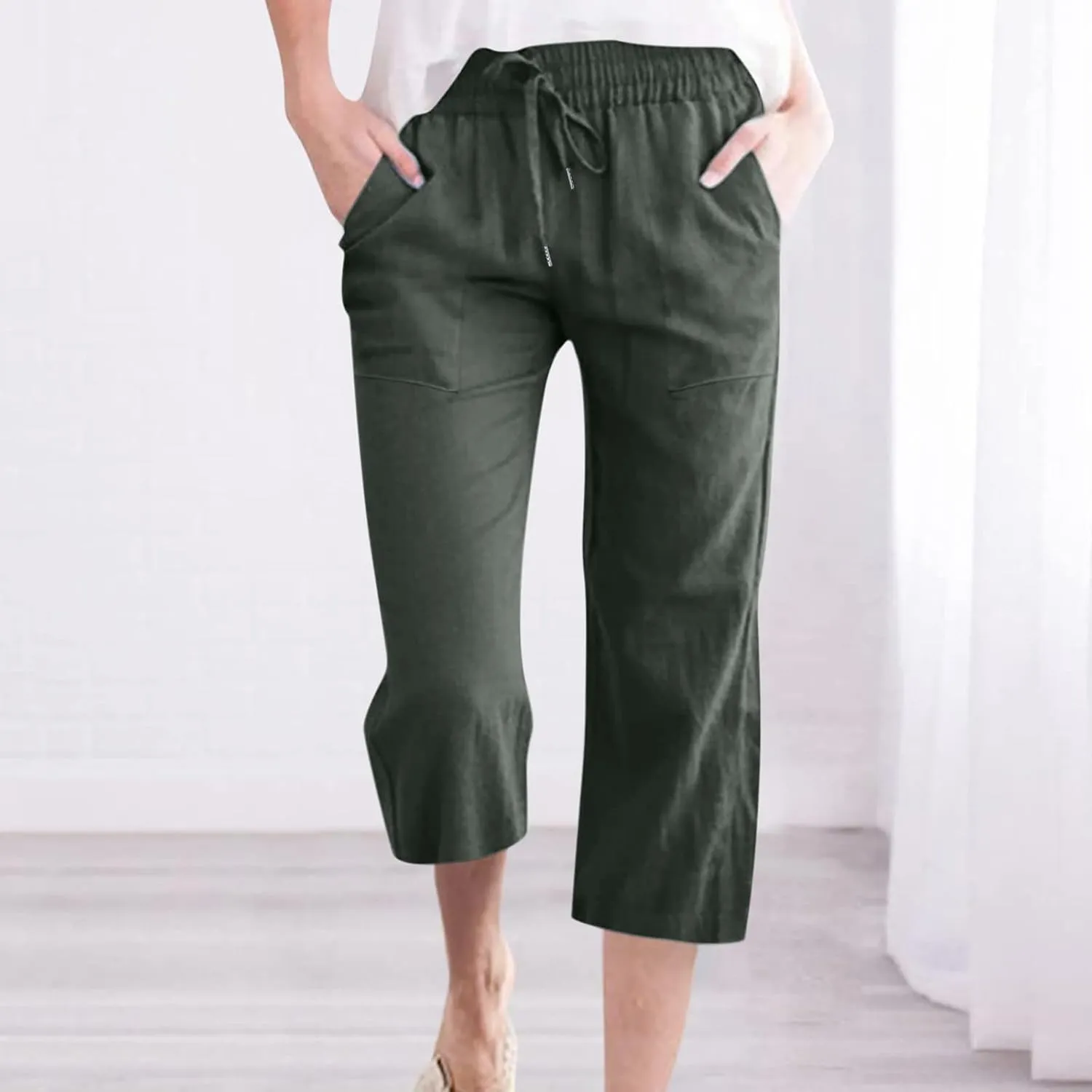 SMIDOW Capri Pants for Women Casual 2025 Summer Drawstring Elastic High Waist Linen Pant Straight Wide Leg Cropped Trouser