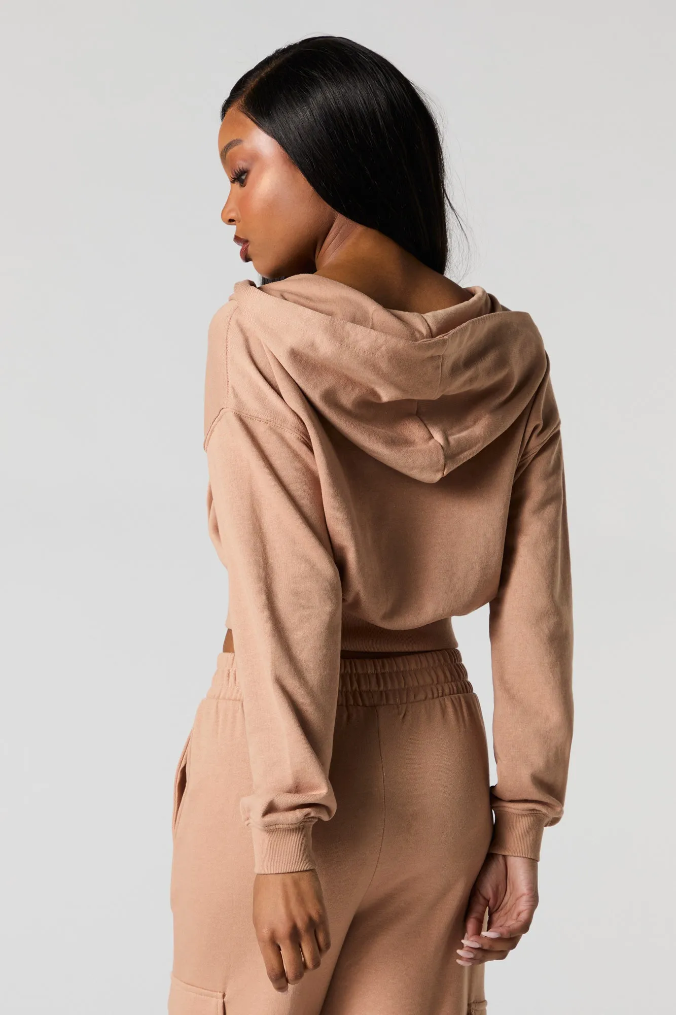 Solid Fleece Zip-Up Cropped Hoodie