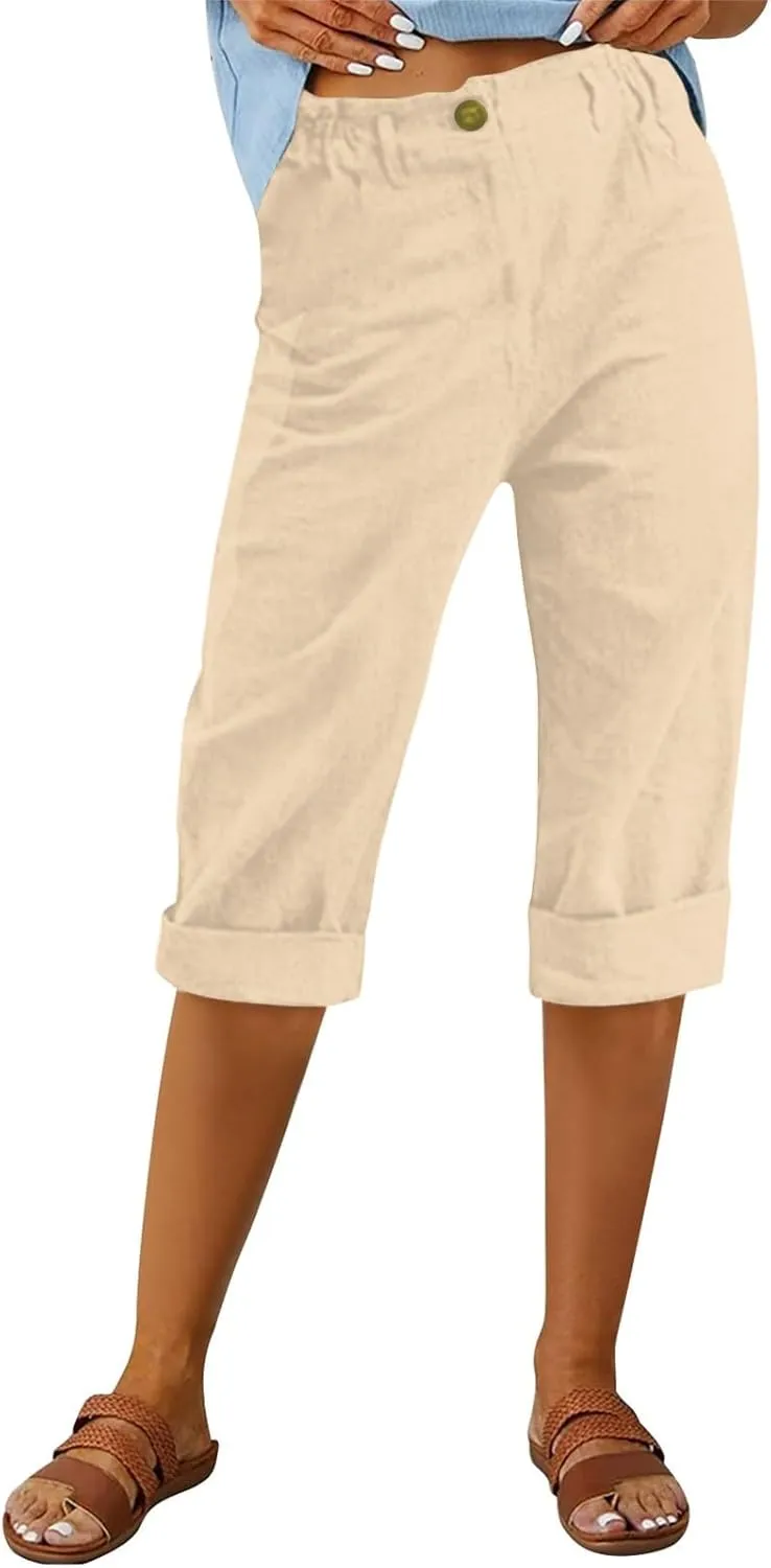Summer Capri Pants Womens Casual Elastic Waist Cropped Trouser Fashion Resort Wear Beach Vacation Capris Clothes