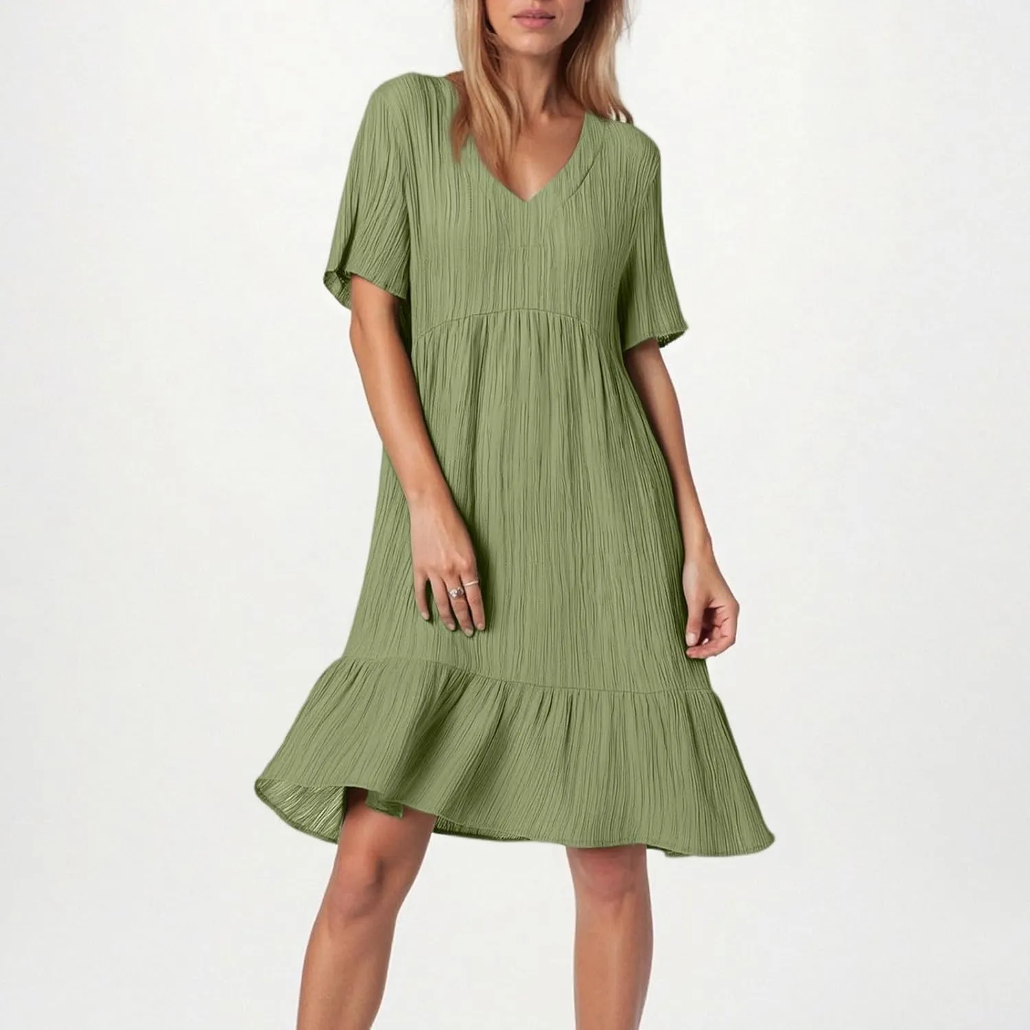 Summer Dresses for Women 2025 Loose V Neck Short Sleeve T Shirt Dress Casual Flowy Ruffle Tiered Layered A-Line Dress