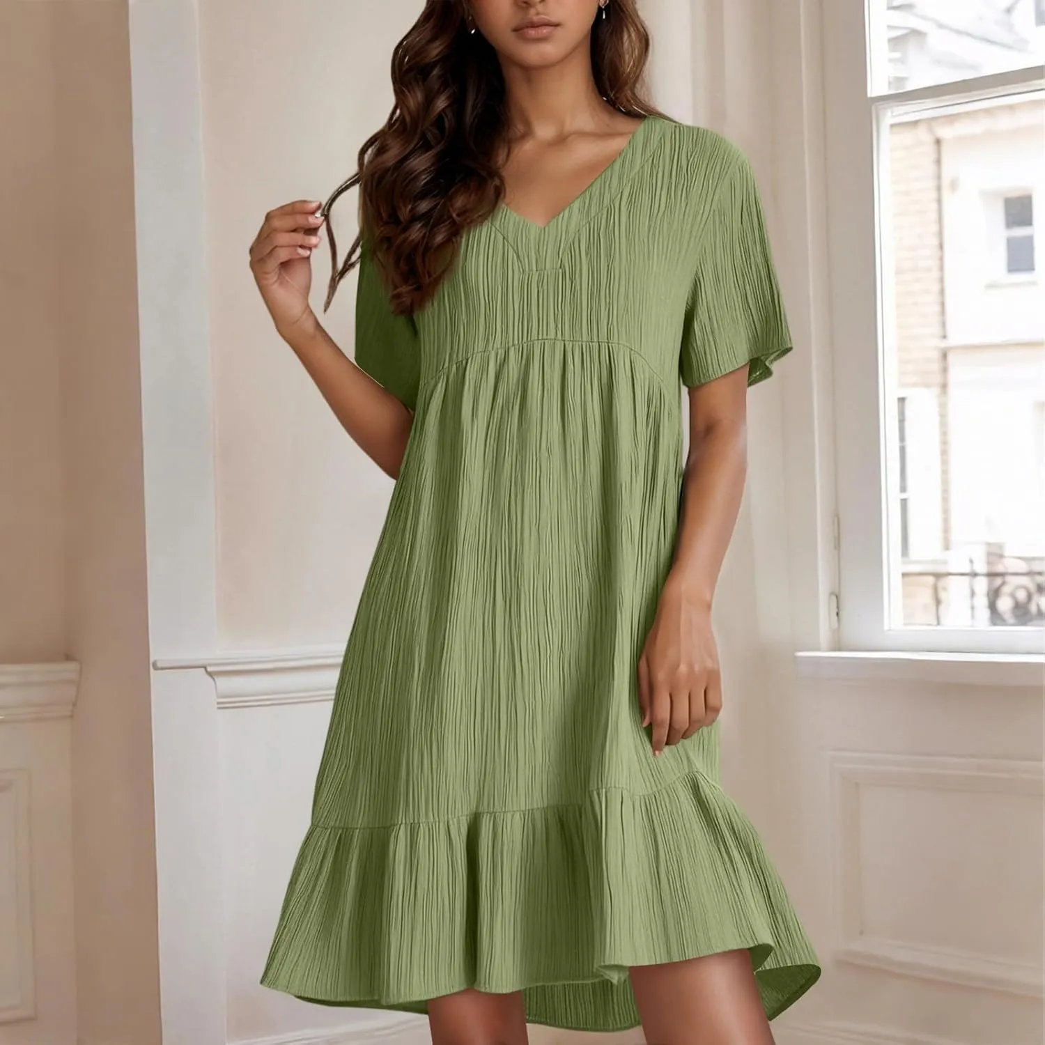Summer Dresses for Women 2025 Loose V Neck Short Sleeve T Shirt Dress Casual Flowy Ruffle Tiered Layered A-Line Dress