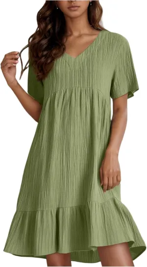 Summer Dresses for Women 2025 Loose V Neck Short Sleeve T Shirt Dress Casual Flowy Ruffle Tiered Layered A-Line Dress