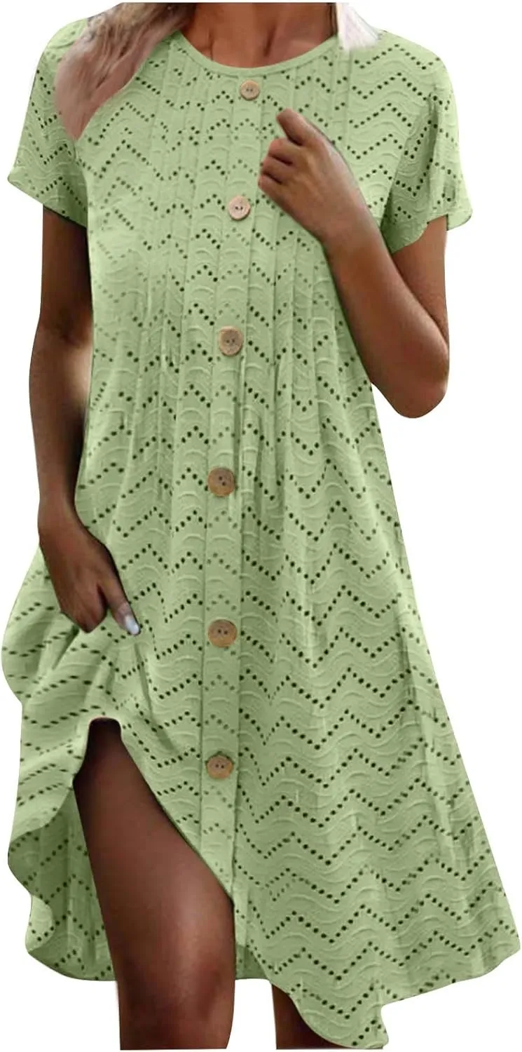 Summer Dresses for Women 2025 Trendy Crew Neck Eyelet Short Sleeve Maxi Dress Boho Beach Vacation Sundress with Pocket