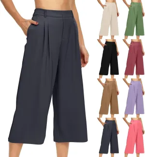 Summer Dressy Cropped Pants for Women High Waist Wide Leg Capris Loose Casual Work Pant Crop Trousers with Pocket