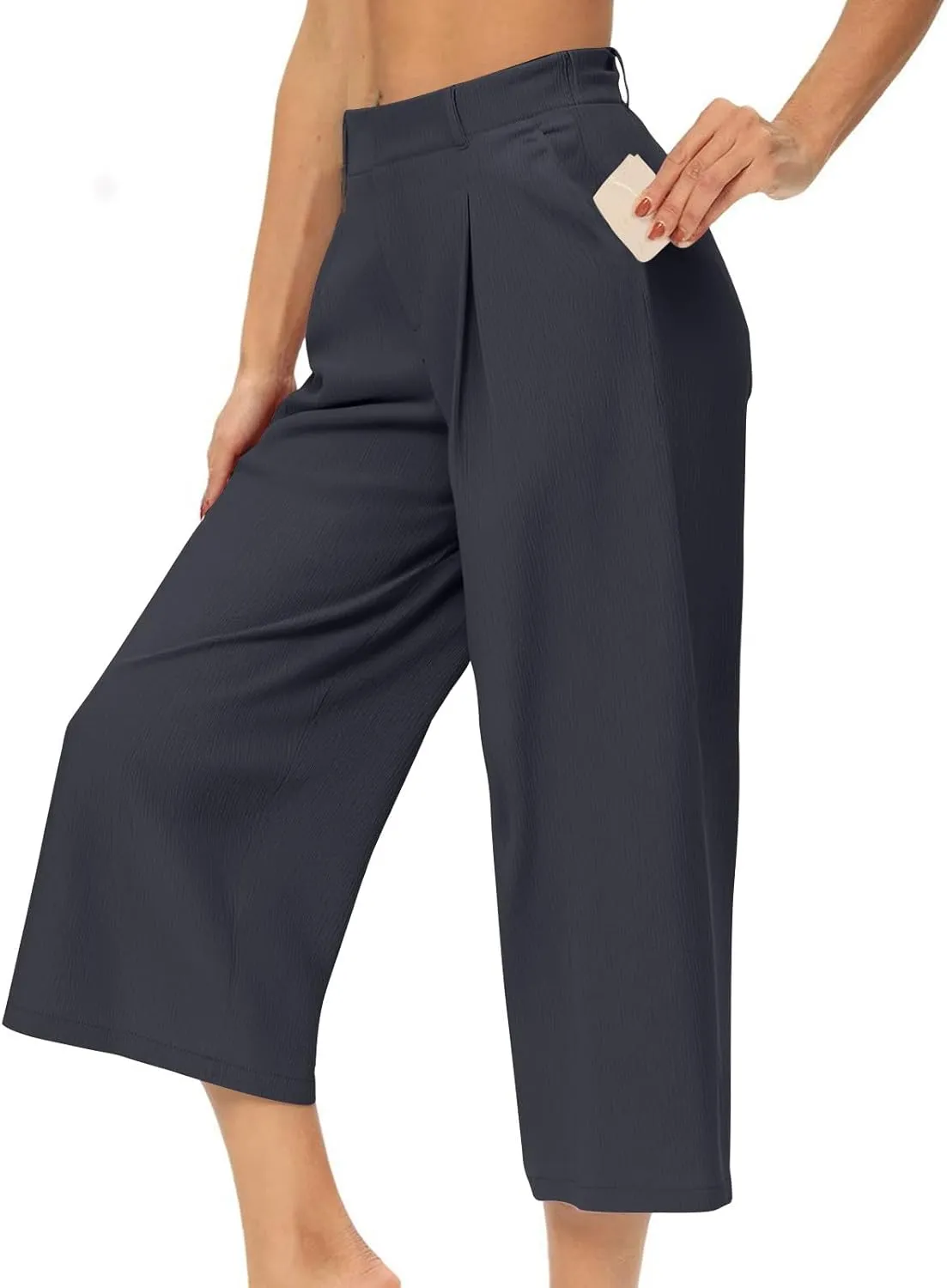 Summer Dressy Cropped Pants for Women High Waist Wide Leg Capris Loose Casual Work Pant Crop Trousers with Pocket
