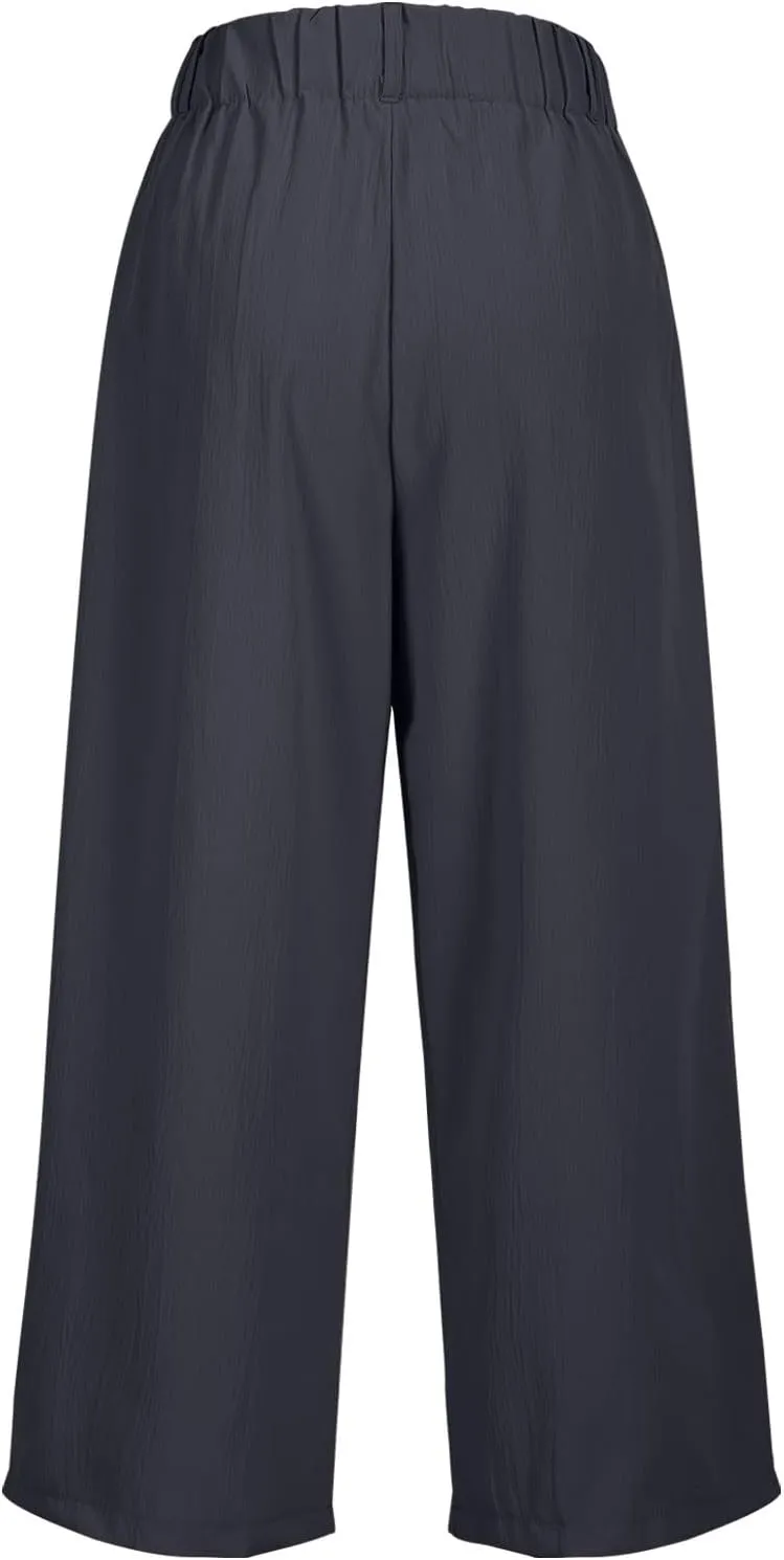 Summer Dressy Cropped Pants for Women High Waist Wide Leg Capris Loose Casual Work Pant Crop Trousers with Pocket