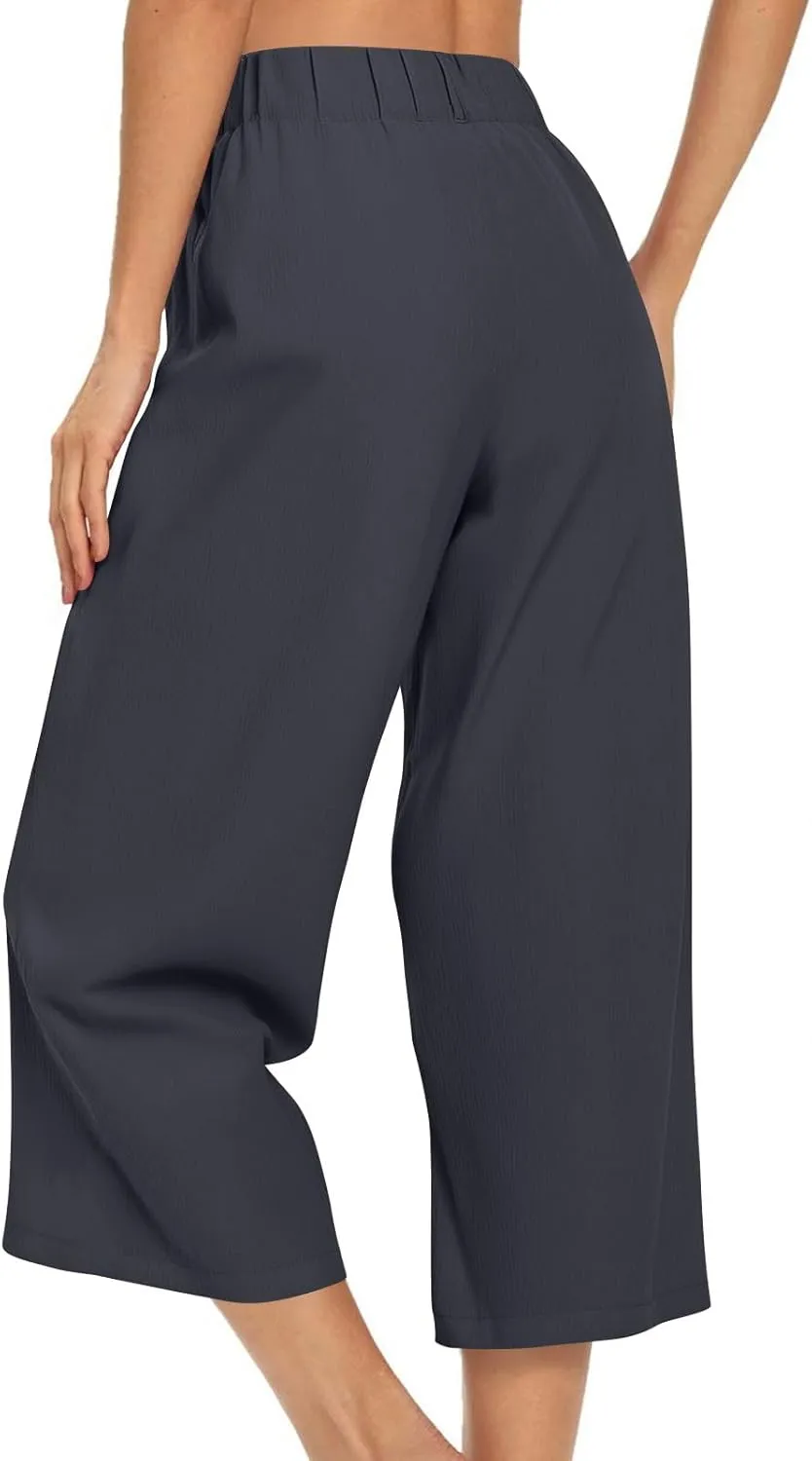 Summer Dressy Cropped Pants for Women High Waist Wide Leg Capris Loose Casual Work Pant Crop Trousers with Pocket