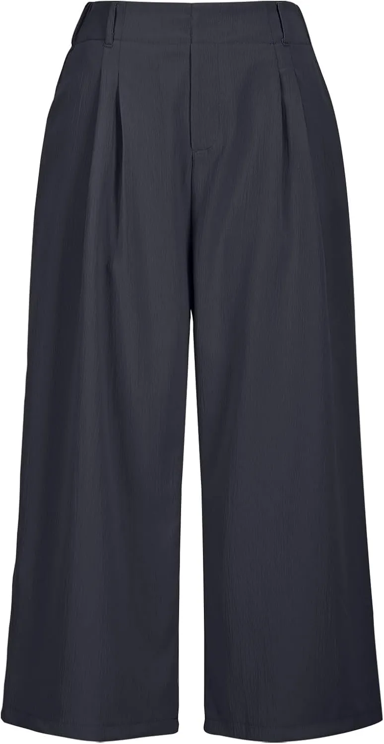 Summer Dressy Cropped Pants for Women High Waist Wide Leg Capris Loose Casual Work Pant Crop Trousers with Pocket