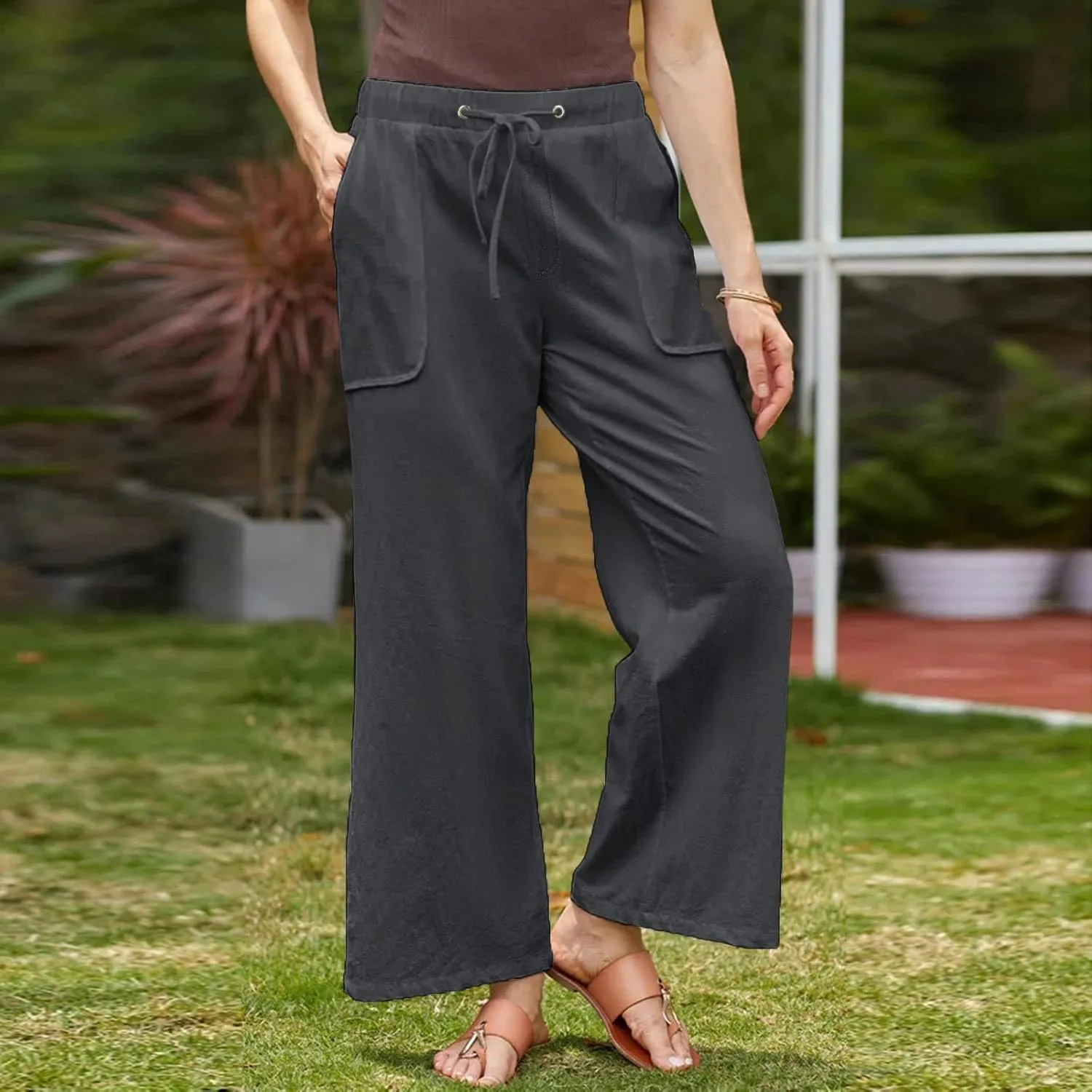 Summer Pants for Women Plus Size Cotton Linen Pant High Waisted Drawstring Wide Leg Lounge Trousers with Pockets